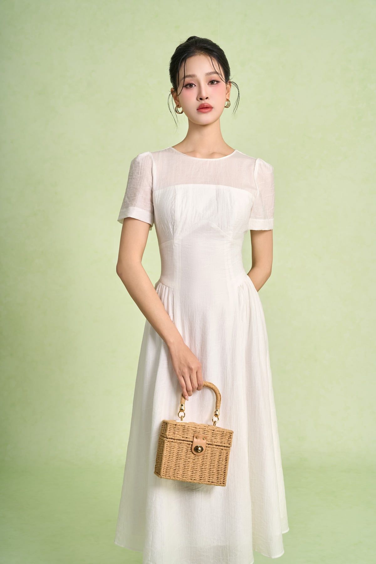 FDC75052 - Đầm công sở vải thô mỏng hai lớp lót habutai dáng suông cổ tròn hông xếp nhún ly tạo kiểu - PANTIO