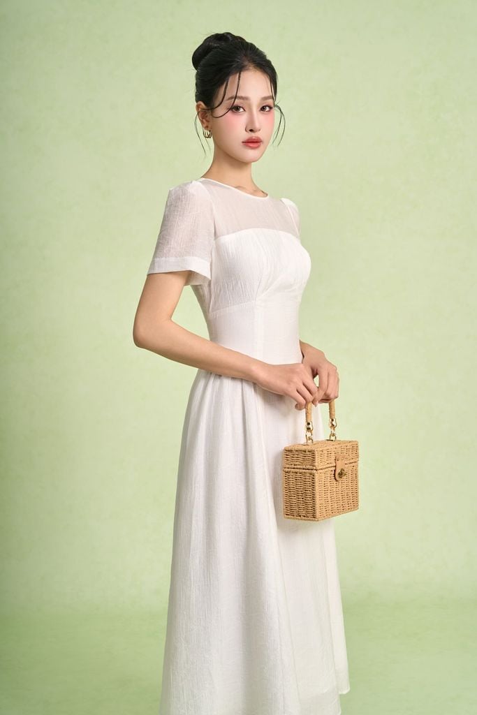 FDC75052 - Đầm công sở vải thô mỏng hai lớp lót habutai dáng suông cổ tròn hông xếp nhún ly tạo kiểu - PANTIO