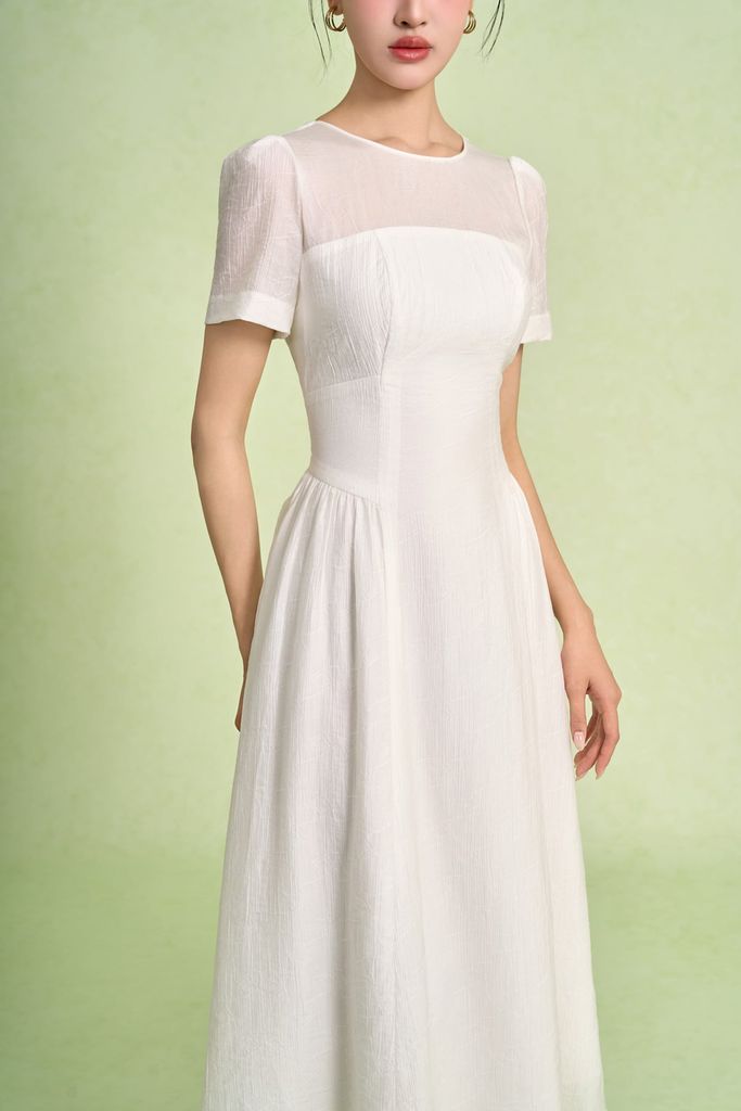 FDC75052 - Đầm công sở vải thô mỏng hai lớp lót habutai dáng suông cổ tròn hông xếp nhún ly tạo kiểu - PANTIO