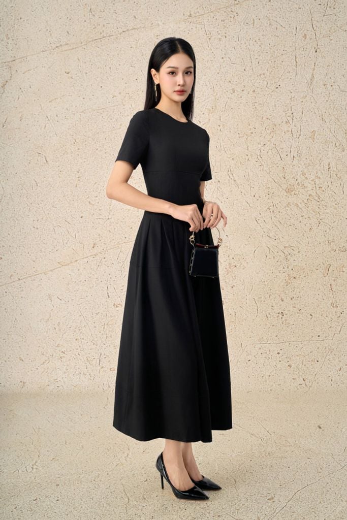 FDC75088 - Đầm công sở vải thô đũi dáng ôm cổ tròn tay cộc eo đáp cạp bản to thời trang thân váy xếp ly bung tạo xoè khoá thân sau - PANTIO