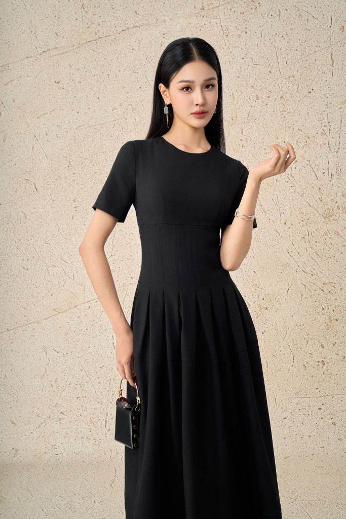 FDC75088 - Đầm công sở vải thô đũi dáng ôm cổ tròn tay cộc eo đáp cạp bản to thời trang thân váy xếp ly bung tạo xoè khoá thân sau - PANTIO