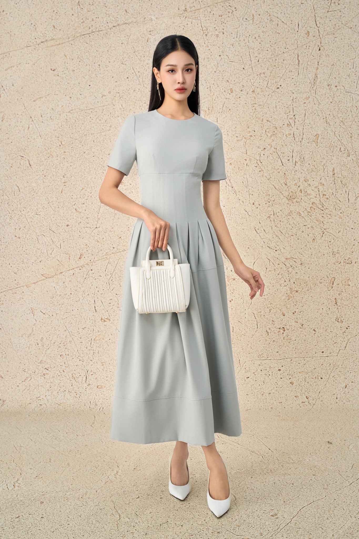 FDC75088 - Đầm công sở vải thô đũi dáng ôm cổ tròn tay cộc eo đáp cạp bản to thời trang thân váy xếp ly bung tạo xoè khoá thân sau - PANTIO