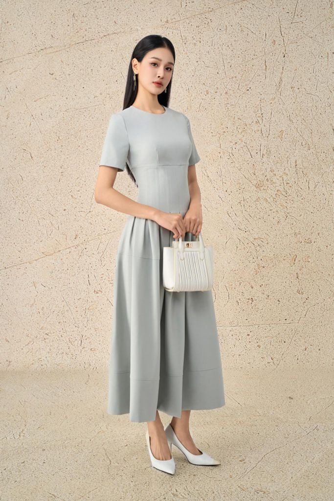 FDC75088 - Đầm công sở vải thô đũi dáng ôm cổ tròn tay cộc eo đáp cạp bản to thời trang thân váy xếp ly bung tạo xoè khoá thân sau - PANTIO