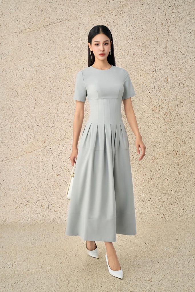 FDC75088 - Đầm công sở vải thô đũi dáng ôm cổ tròn tay cộc eo đáp cạp bản to thời trang thân váy xếp ly bung tạo xoè khoá thân sau - PANTIO