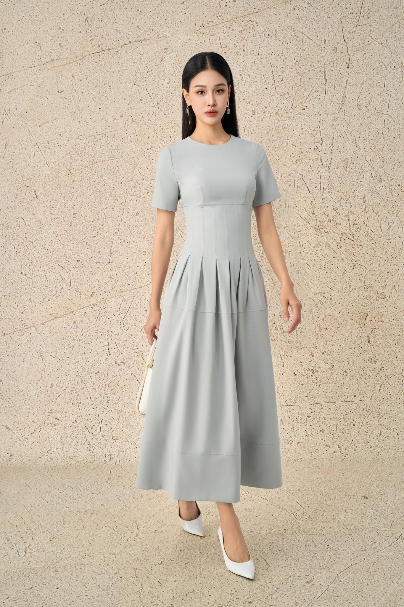 FDC75088 - Đầm công sở vải thô đũi dáng ôm cổ tròn tay cộc eo đáp cạp bản to thời trang thân váy xếp ly bung tạo xoè khoá thân sau - PANTIO