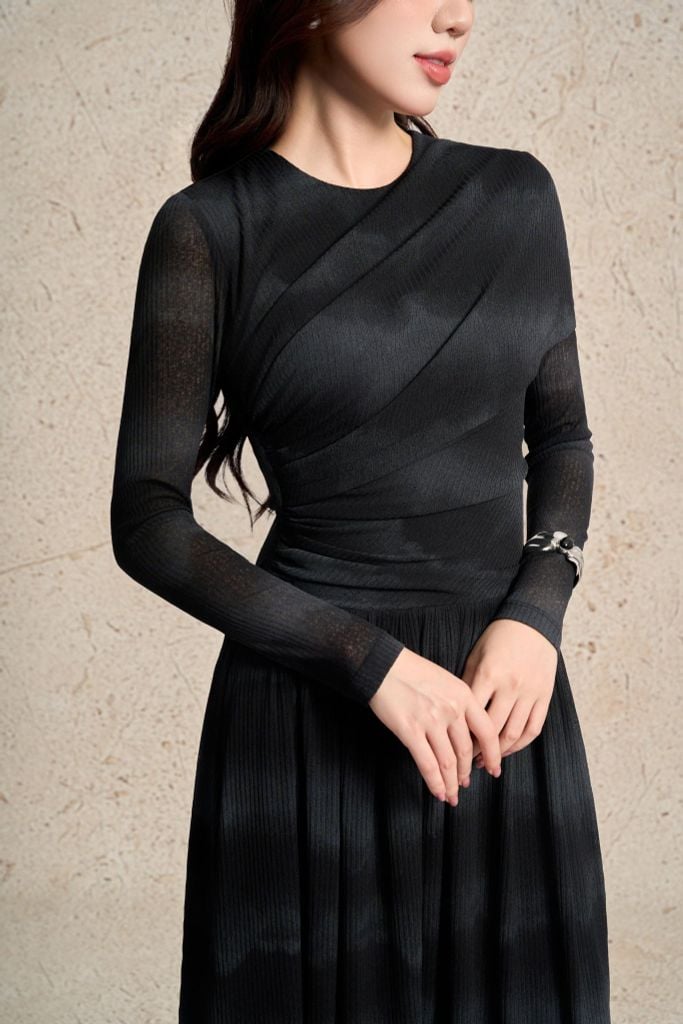 FDC75397 - Đầm công sở vải len dáng ôm cổ tròn tay dài phối vạt lệch vai eo váy xếp nhún tạo kiểu khoá thân sau - PANTIO