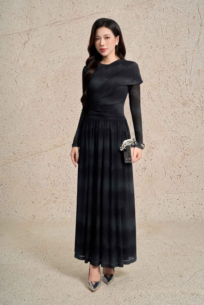 FDC75397 - Đầm công sở vải len dáng ôm cổ tròn tay dài phối vạt lệch vai eo váy xếp nhún tạo kiểu khoá thân sau - PANTIO