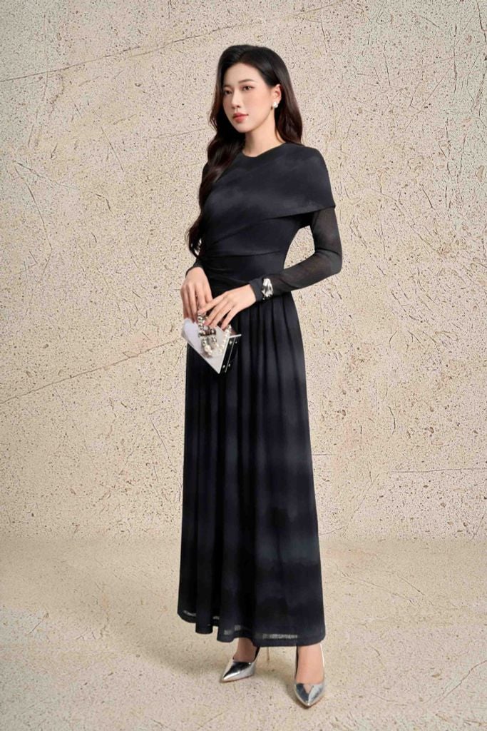 FDC75397 - Đầm công sở vải len dáng ôm cổ tròn tay dài phối vạt lệch vai eo váy xếp nhún tạo kiểu khoá thân sau - PANTIO