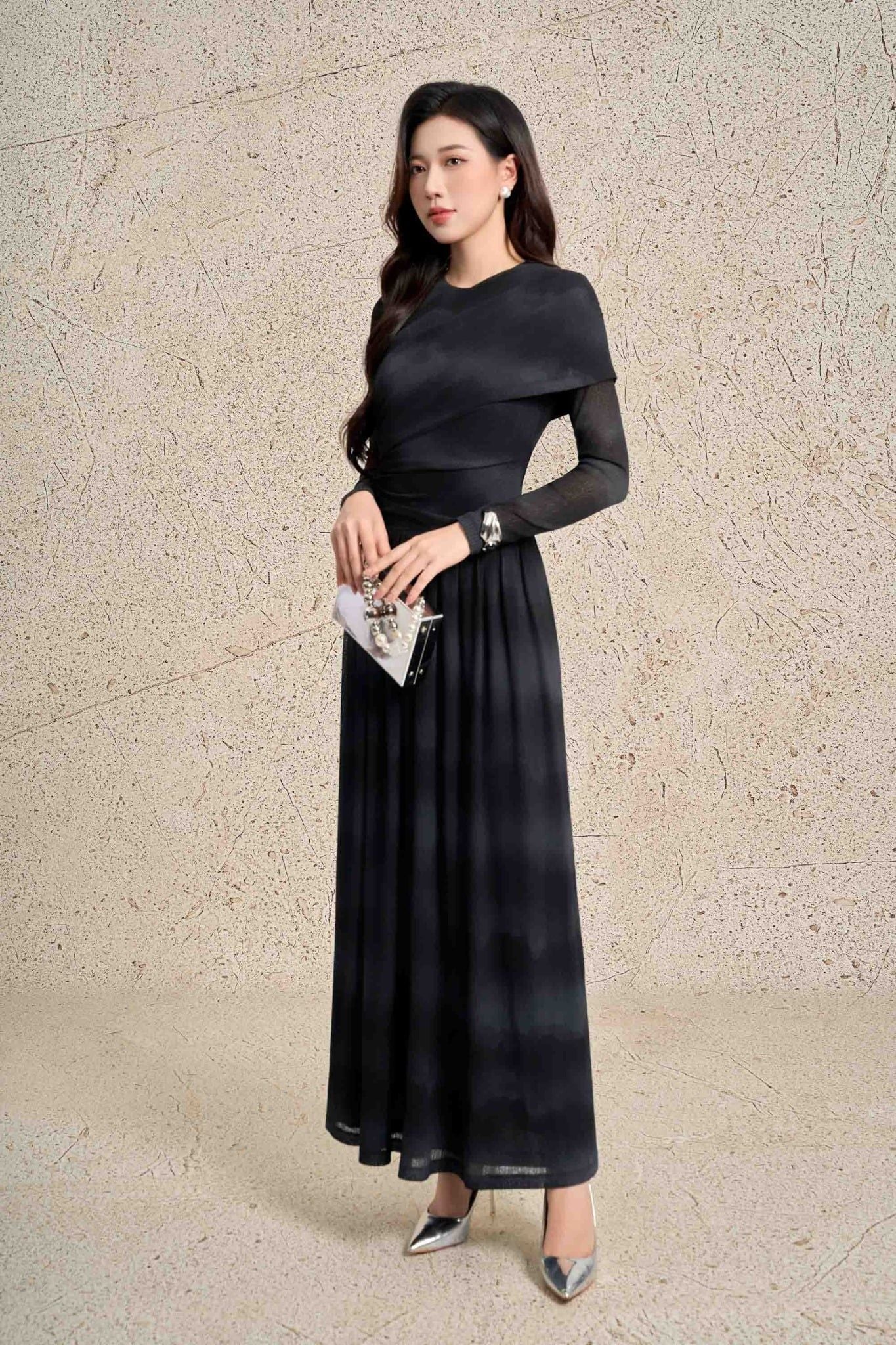 FDC75397 - Đầm công sở vải len dáng ôm cổ tròn tay dài phối vạt lệch vai eo váy xếp nhún tạo kiểu khoá thân sau - PANTIO