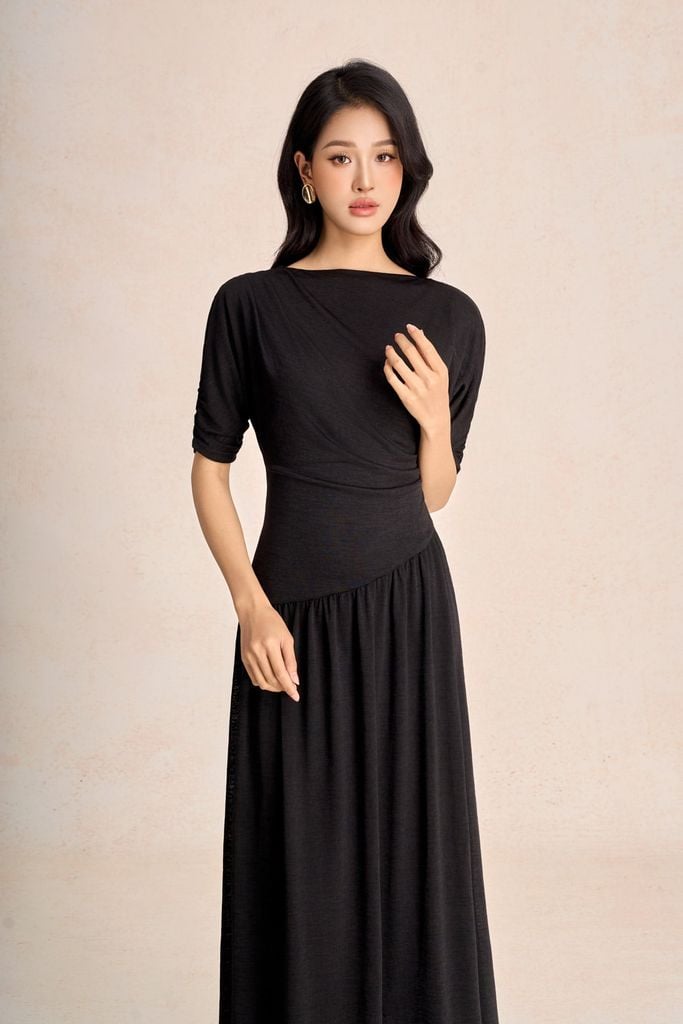 FDC75404 - Đầm công sở vải len dáng suông cổ thuyền tay lửng phối nhún tạo kiểu thân váy vạt lệch thời trang - PANTIO