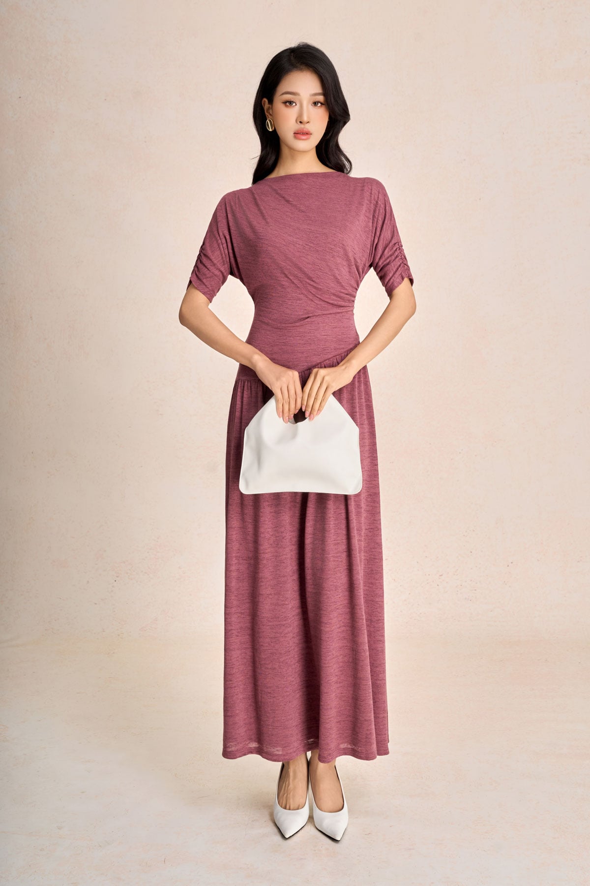 FDC75404 - Đầm công sở vải len dáng suông cổ thuyền tay lửng phối nhún tạo kiểu thân váy vạt lệch thời trang - PANTIO