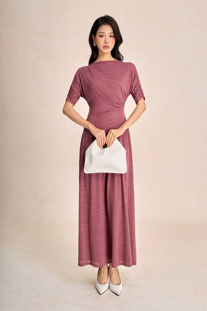 FDC75404 - Đầm công sở vải len dáng suông cổ thuyền tay lửng phối nhún tạo kiểu thân váy vạt lệch thời trang - PANTIO