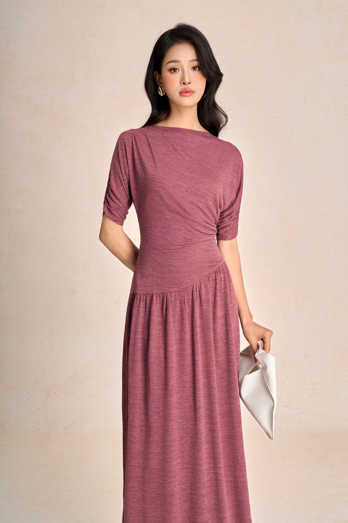 FDC75404 - Đầm công sở vải len dáng suông cổ thuyền tay lửng phối nhún tạo kiểu thân váy vạt lệch thời trang - PANTIO