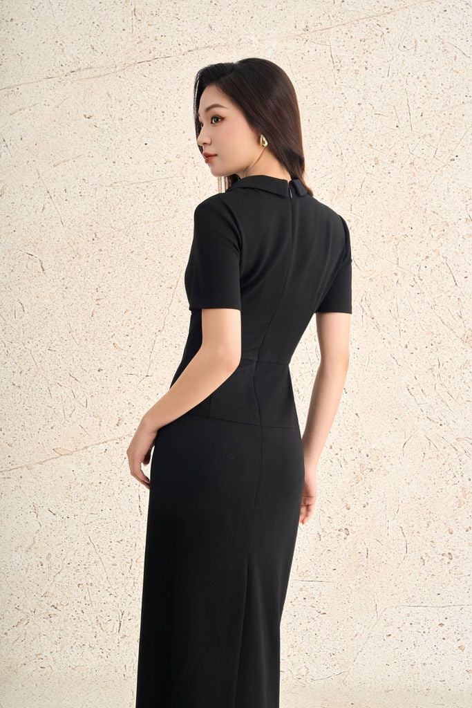 FDC75406 - Đầm công sở vải cotton dáng ôm cổ V phối vạt tạo kiểu tay cộc eo ôm thời trang khoá thân sau - PANTIO