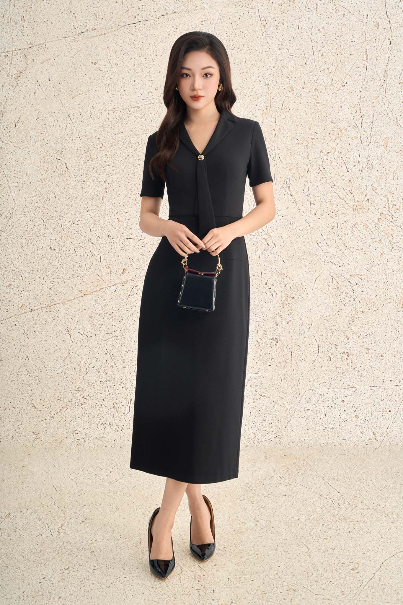 FDC75406 - Đầm công sở vải cotton dáng ôm cổ V phối vạt tạo kiểu tay cộc eo ôm thời trang khoá thân sau - PANTIO