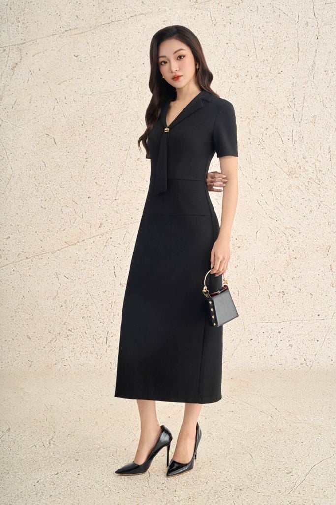 FDC75406 - Đầm công sở vải cotton dáng ôm cổ V phối vạt tạo kiểu tay cộc eo ôm thời trang khoá thân sau - PANTIO