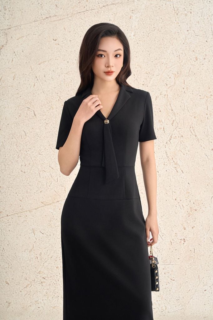 FDC75406 - Đầm công sở vải cotton dáng ôm cổ V phối vạt tạo kiểu tay cộc eo ôm thời trang khoá thân sau - PANTIO