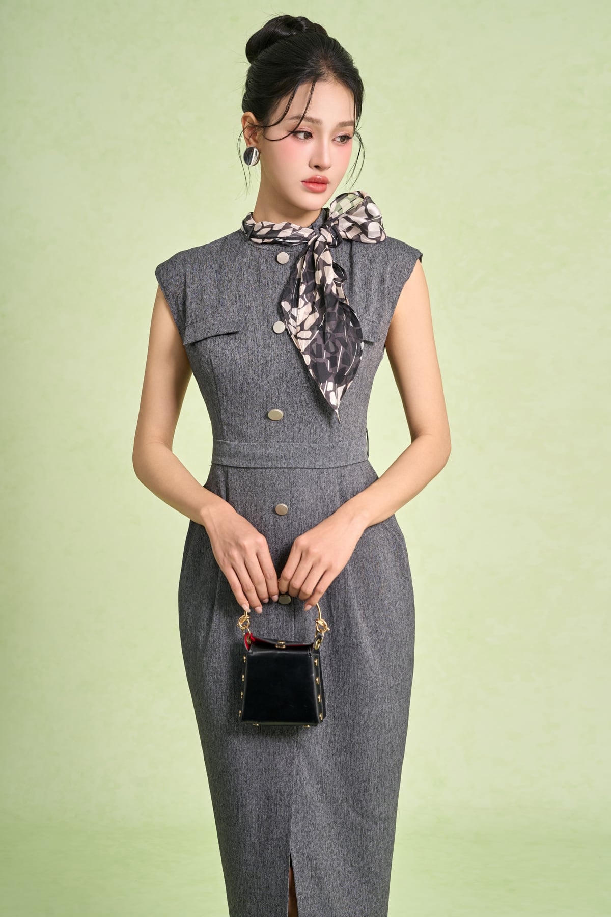 FDC75434 - Đầm công sở vải thô dáng bút chì cổ tròn phối khăn lụa tạo kiểu thân váy chiết eo kèm dây đai - PANTIO