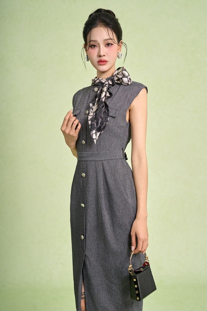FDC75434 - Đầm công sở vải thô dáng bút chì cổ tròn phối khăn lụa tạo kiểu thân váy chiết eo kèm dây đai - PANTIO