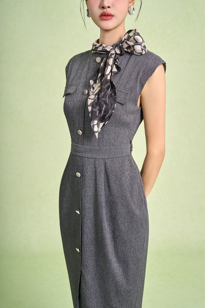 FDC75434 - Đầm công sở vải thô dáng bút chì cổ tròn phối khăn lụa tạo kiểu thân váy chiết eo kèm dây đai - PANTIO