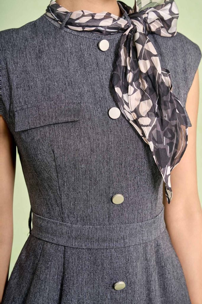 FDC75434 - Đầm công sở vải thô dáng bút chì cổ tròn phối khăn lụa tạo kiểu thân váy chiết eo kèm dây đai - PANTIO