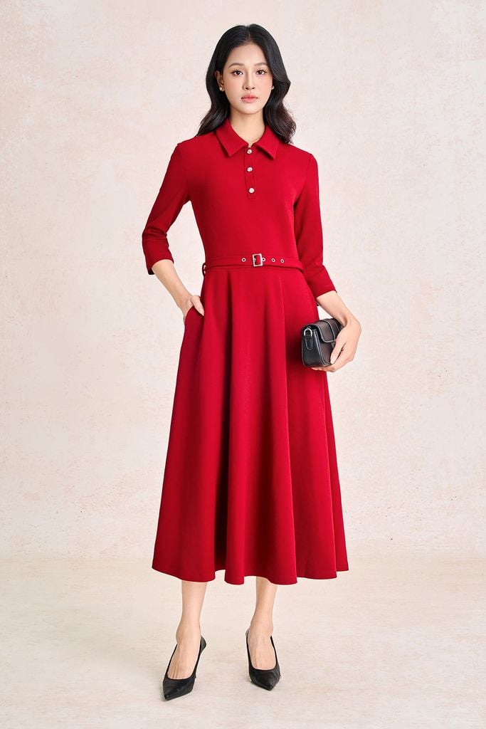 FDC75638 - Đầm công sở vải cotton dáng chữ A cổ bẻ đính khuy đá tay dài eo phối dây đai tạo kiểu khoá thân sau - PANTIO