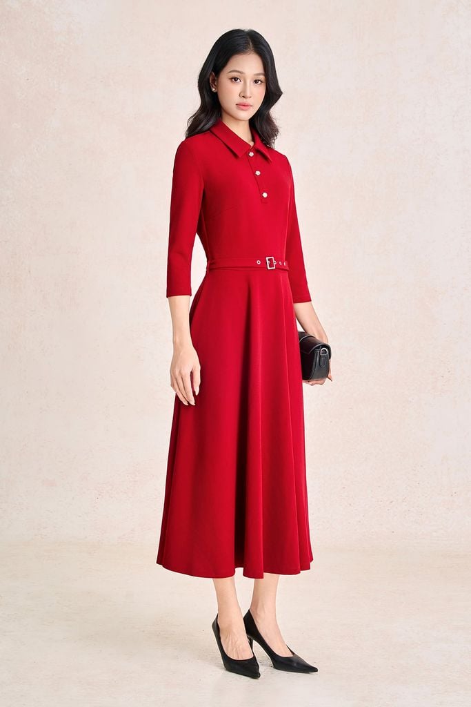 FDC75638 - Đầm công sở vải cotton dáng chữ A cổ bẻ đính khuy đá tay dài eo phối dây đai tạo kiểu khoá thân sau - PANTIO