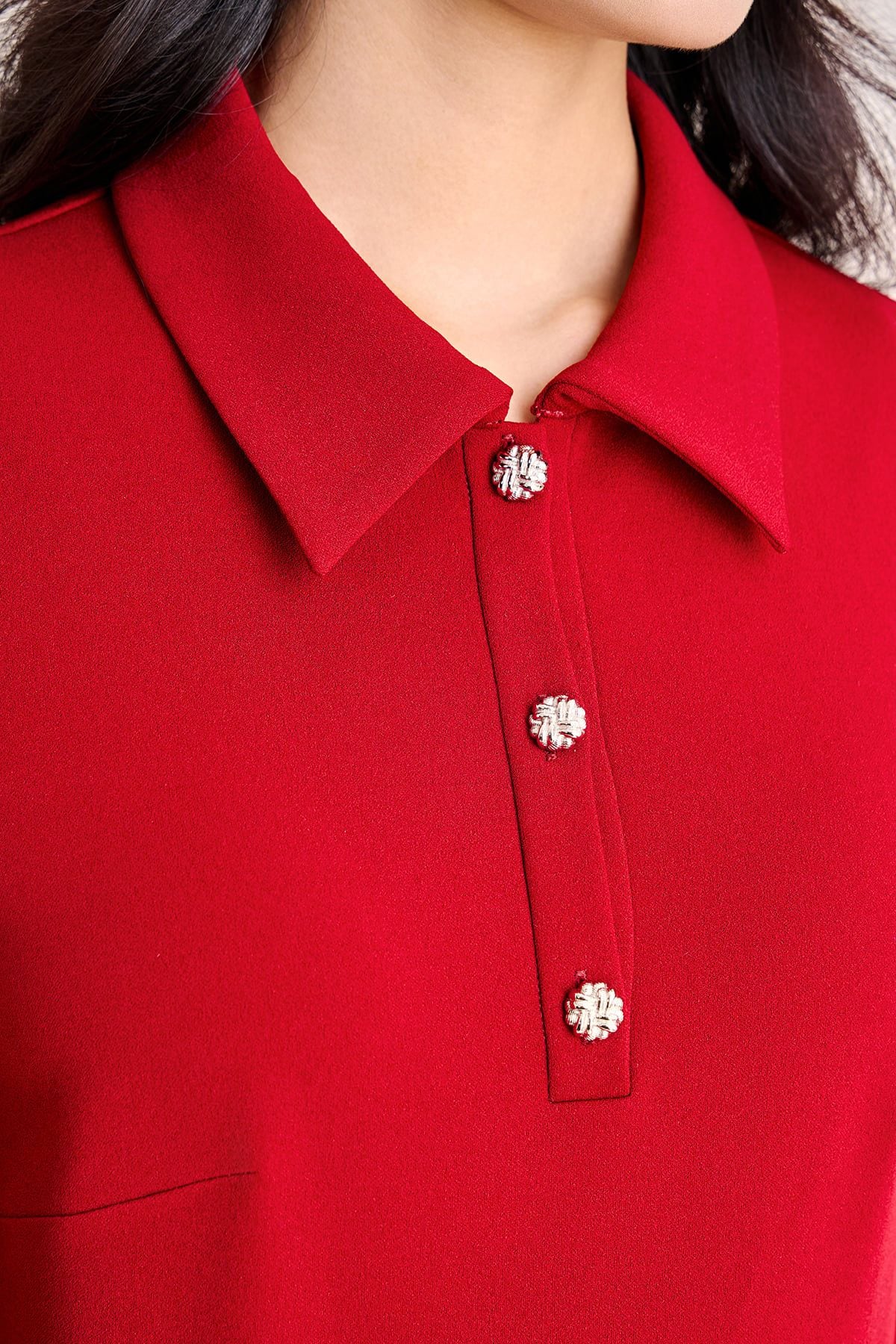 FDC75638 - Đầm công sở vải cotton dáng chữ A cổ bẻ đính khuy đá tay dài eo phối dây đai tạo kiểu khoá thân sau - PANTIO