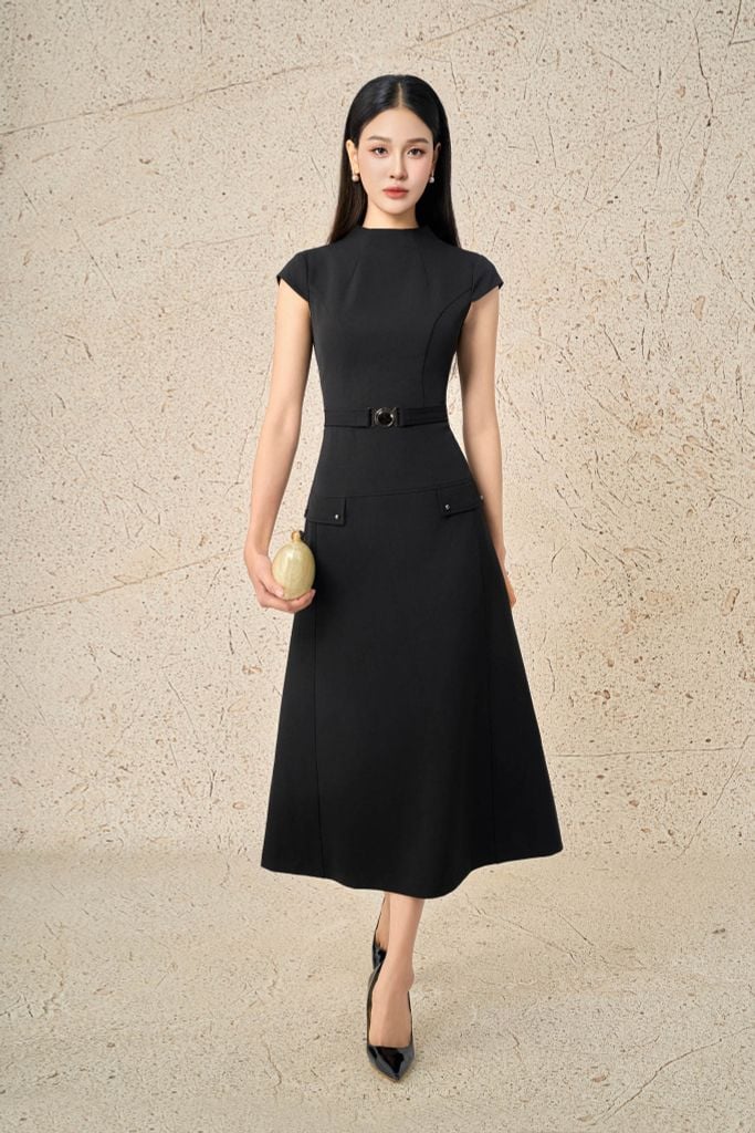 FDC95190 - Đầm công sở vải thô dáng ôm cổ cao vai chờm eo phối dây đai chun tạo kiểu thân váy dáng A thời trang khoá thân sau - PANTIO
