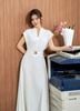 FDC95419 - tỷ lệ kèo 8899 vải thô dáng chữ A cổ xẻ V ta chờm eo váy phối dây đai tạo kiểu khoá thân sau - tỷ lệ kèo 8899