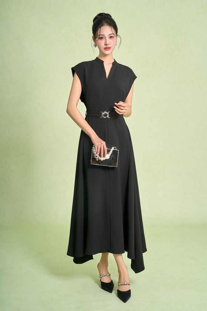 FDC95419 - Đầm công sở vải thô dáng chữ A cổ xẻ V ta chờm eo váy phối dây đai tạo kiểu khoá thân sau - PANTIO