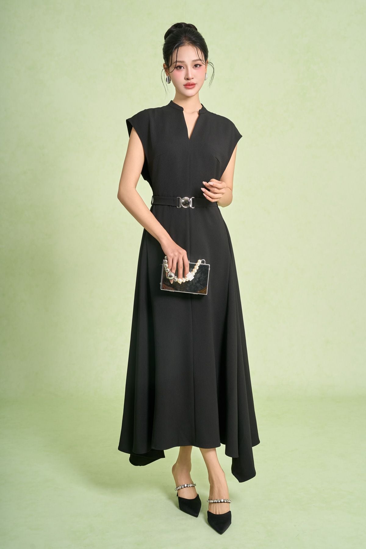 FDC95419 - Đầm công sở vải thô dáng chữ A cổ xẻ V ta chờm eo váy phối dây đai tạo kiểu khoá thân sau - PANTIO