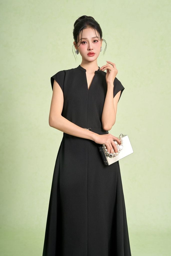 FDC95419 - Đầm công sở vải thô dáng chữ A cổ xẻ V ta chờm eo váy phối dây đai tạo kiểu khoá thân sau - PANTIO