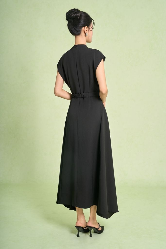 FDC95419 - Đầm công sở vải thô dáng chữ A cổ xẻ V ta chờm eo váy phối dây đai tạo kiểu khoá thân sau - PANTIO