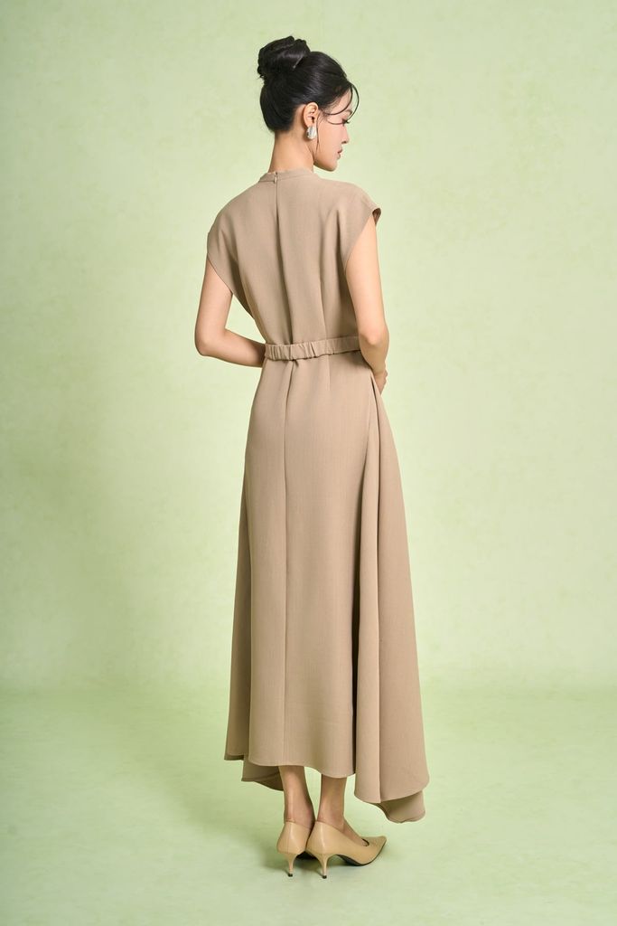 FDC95419 - Đầm công sở vải thô dáng chữ A cổ xẻ V ta chờm eo váy phối dây đai tạo kiểu khoá thân sau - PANTIO