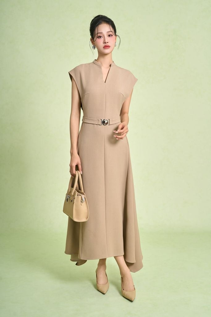 FDC95419 - Đầm công sở vải thô dáng chữ A cổ xẻ V ta chờm eo váy phối dây đai tạo kiểu khoá thân sau - PANTIO