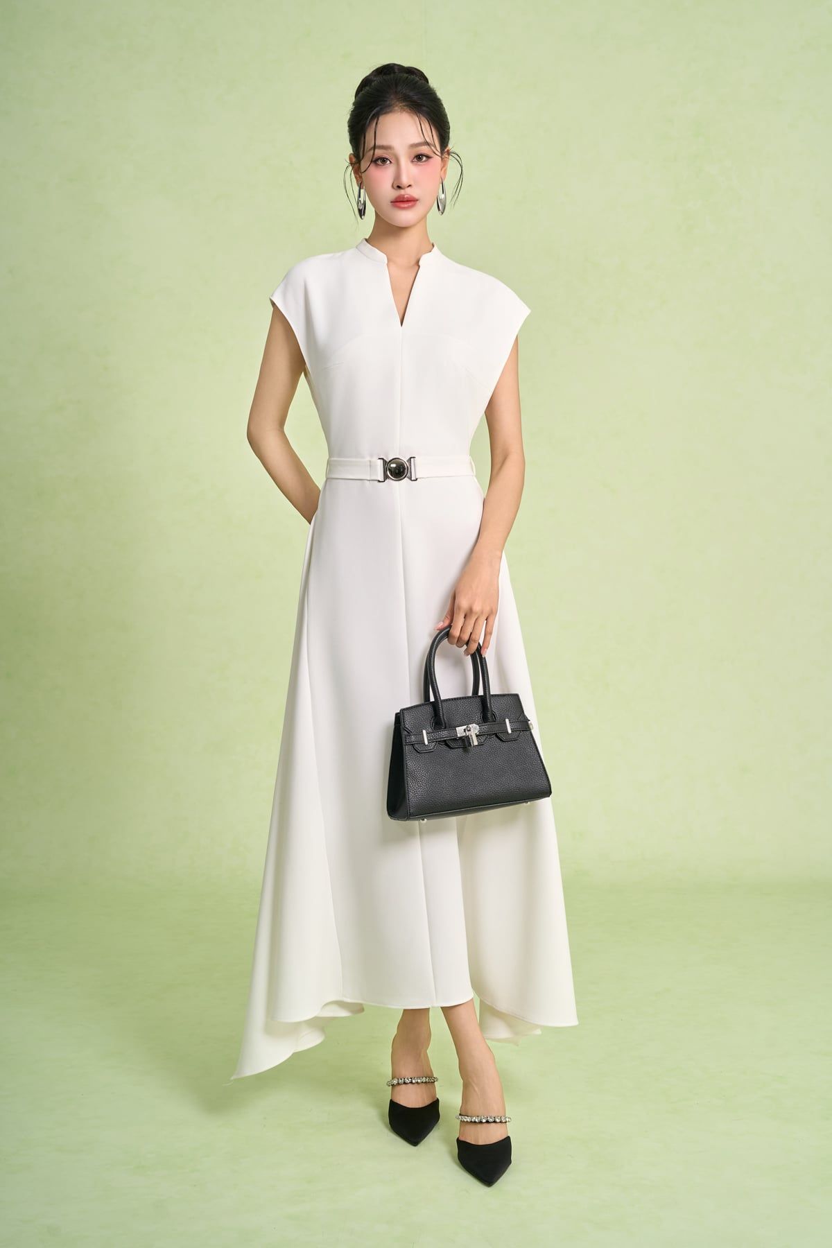 FDC95419 - Đầm công sở vải thô dáng chữ A cổ xẻ V ta chờm eo váy phối dây đai tạo kiểu khoá thân sau - PANTIO