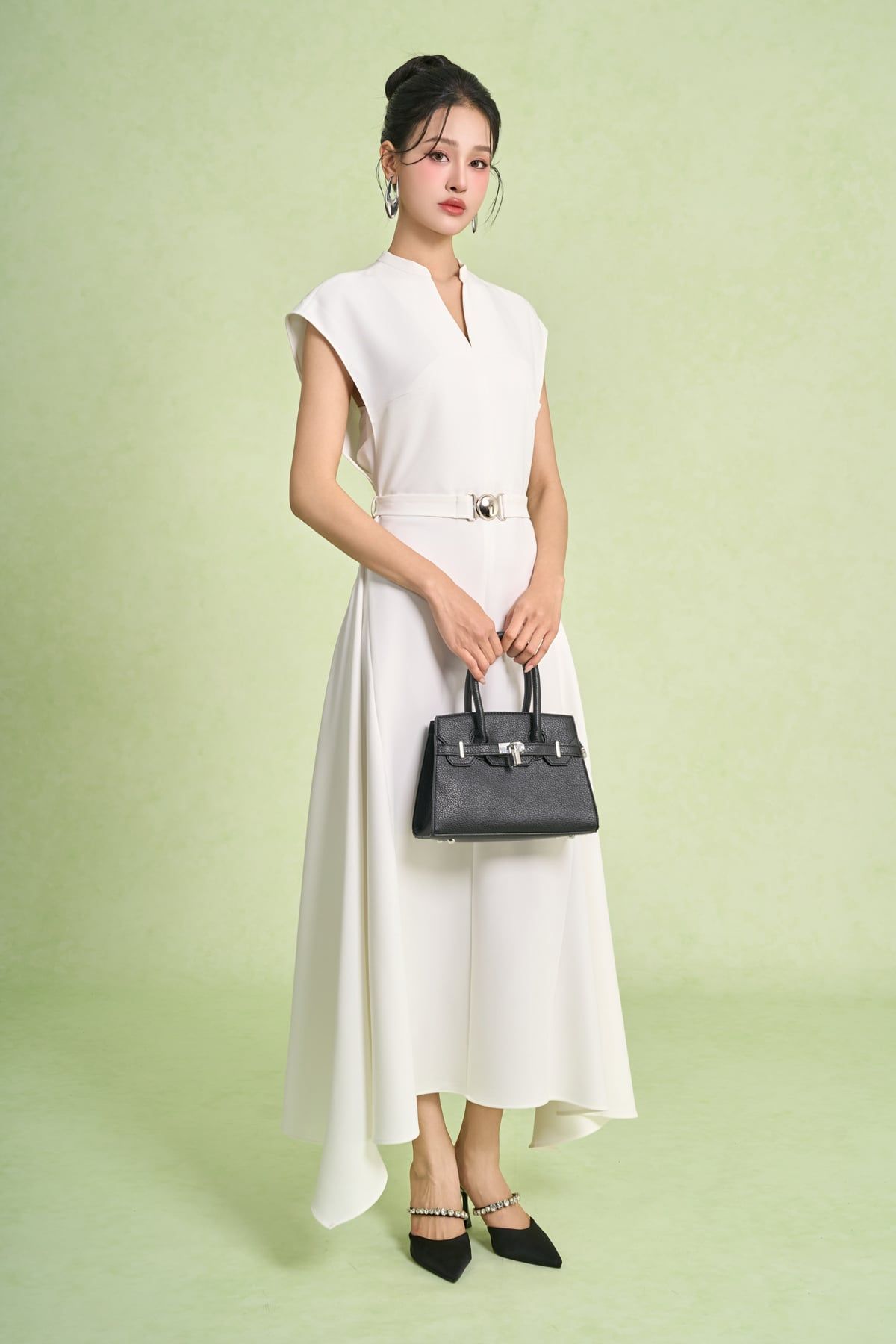 FDC95419 - Đầm công sở vải thô dáng chữ A cổ xẻ V ta chờm eo váy phối dây đai tạo kiểu khoá thân sau - PANTIO