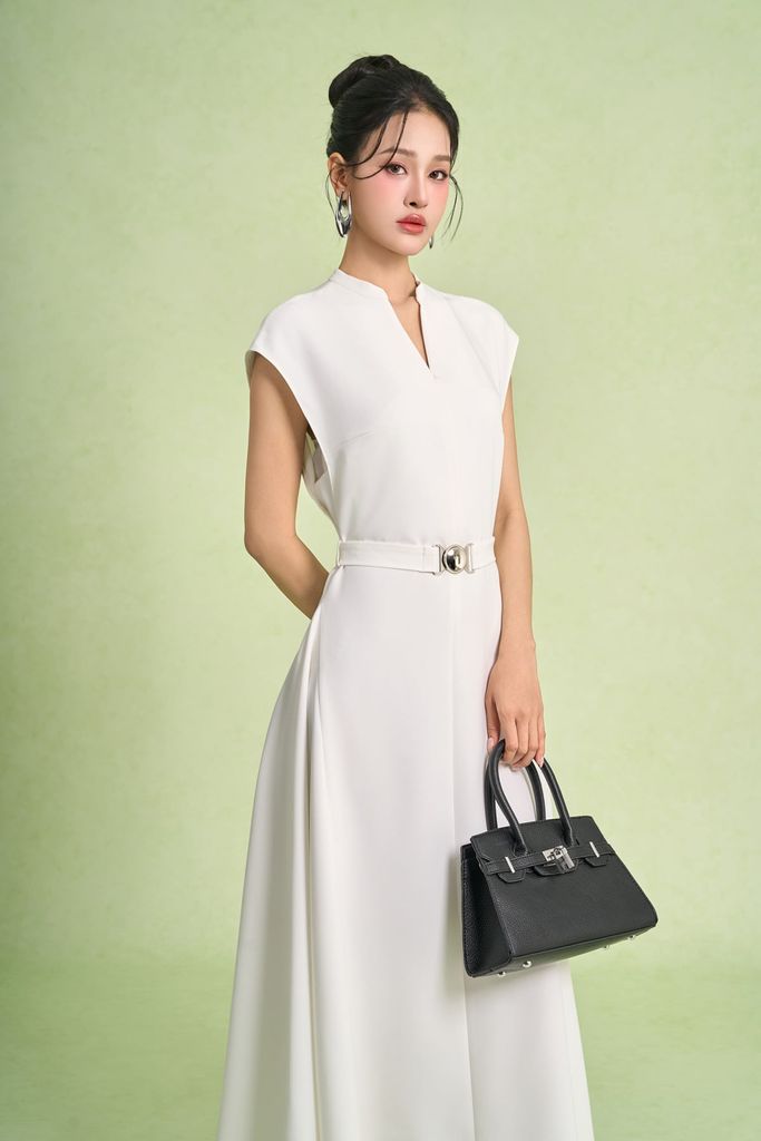 FDC95419 - Đầm công sở vải thô dáng chữ A cổ xẻ V ta chờm eo váy phối dây đai tạo kiểu khoá thân sau - PANTIO
