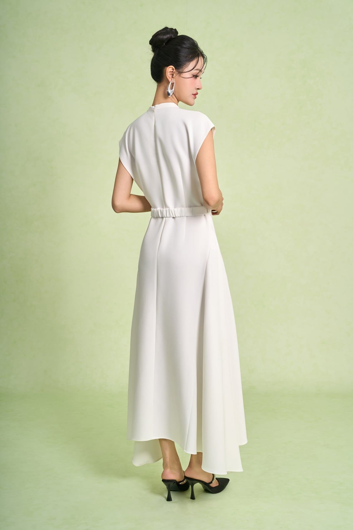 FDC95419 - Đầm công sở vải thô dáng chữ A cổ xẻ V ta chờm eo váy phối dây đai tạo kiểu khoá thân sau - PANTIO