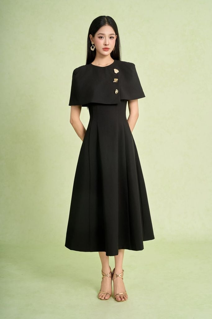 FDC95428 - Đầm công sở vải thô dáng chữ A cổ tròn vai choàng đính khuy kim loại thời trang khoá thân sau - PANTIO