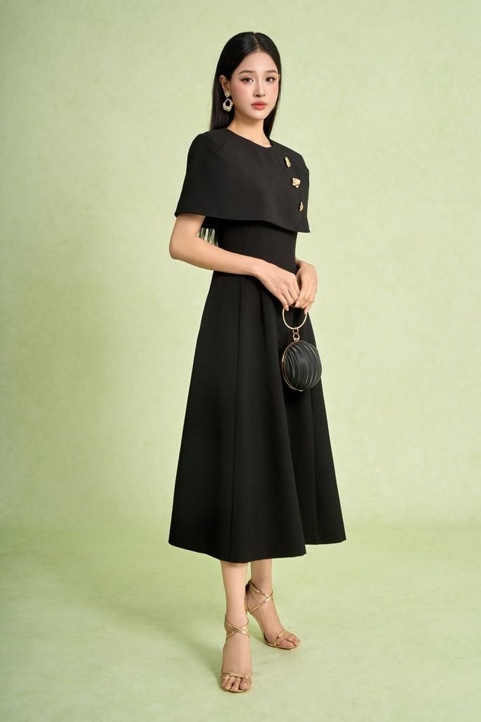 FDC95428 - Đầm công sở vải thô dáng chữ A cổ tròn vai choàng đính khuy kim loại thời trang khoá thân sau - PANTIO