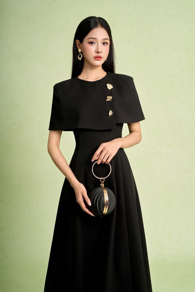 FDC95428 - Đầm công sở vải thô dáng chữ A cổ tròn vai choàng đính khuy kim loại thời trang khoá thân sau - PANTIO