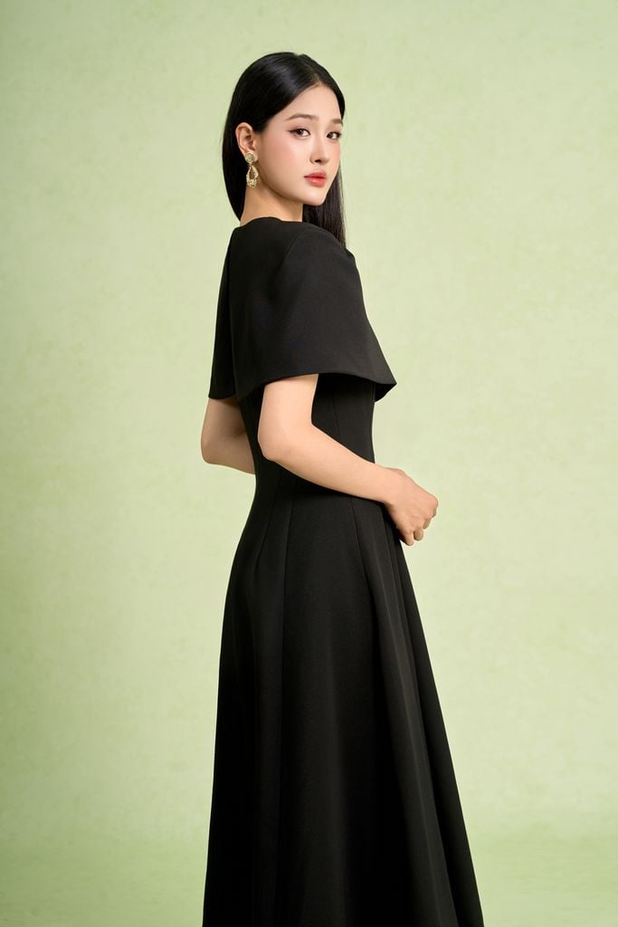 FDC95428 - Đầm công sở vải thô dáng chữ A cổ tròn vai choàng đính khuy kim loại thời trang khoá thân sau - PANTIO