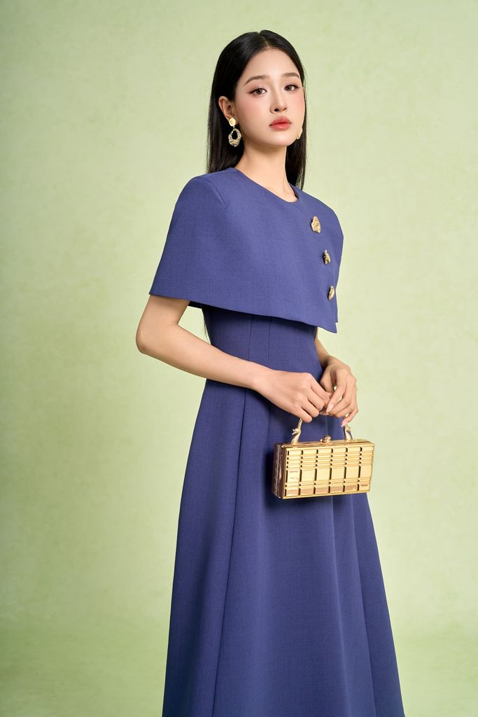 FDC95428 - Đầm công sở vải thô dáng chữ A cổ tròn vai choàng đính khuy kim loại thời trang khoá thân sau - PANTIO