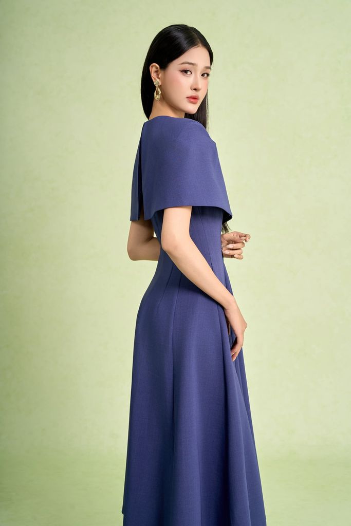 FDC95428 - Đầm công sở vải thô dáng chữ A cổ tròn vai choàng đính khuy kim loại thời trang khoá thân sau - PANTIO