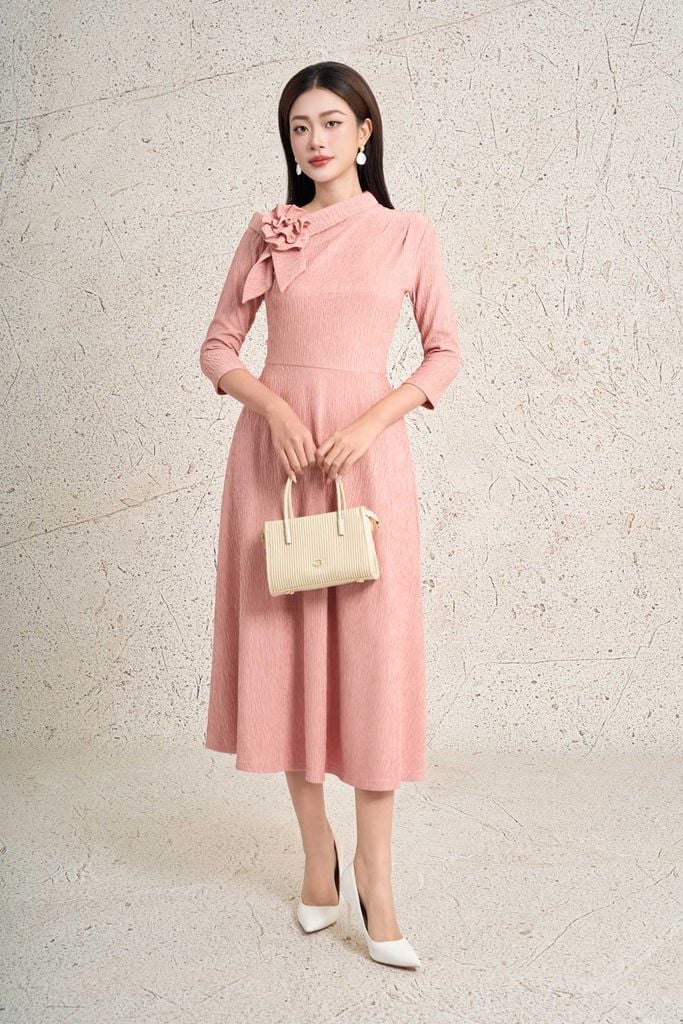 FDC95430 - Đầm công sở dáng ôm cổ lệch phối khoa tạo kiểu thân váy suông A thời trang khoá thân sau - PANTIO