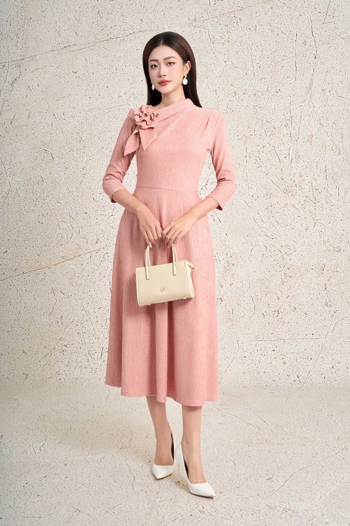 FDC95430 - Đầm công sở dáng ôm cổ lệch phối khoa tạo kiểu thân váy suông A thời trang khoá thân sau - PANTIO