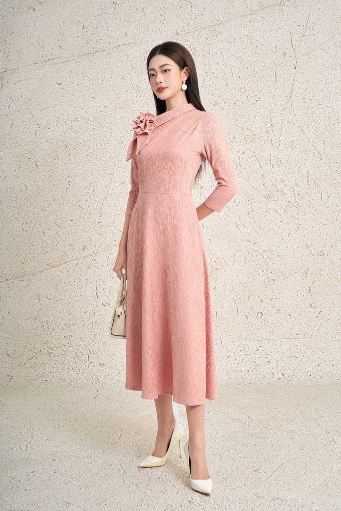 FDC95430 - Đầm công sở dáng ôm cổ lệch phối khoa tạo kiểu thân váy suông A thời trang khoá thân sau - PANTIO