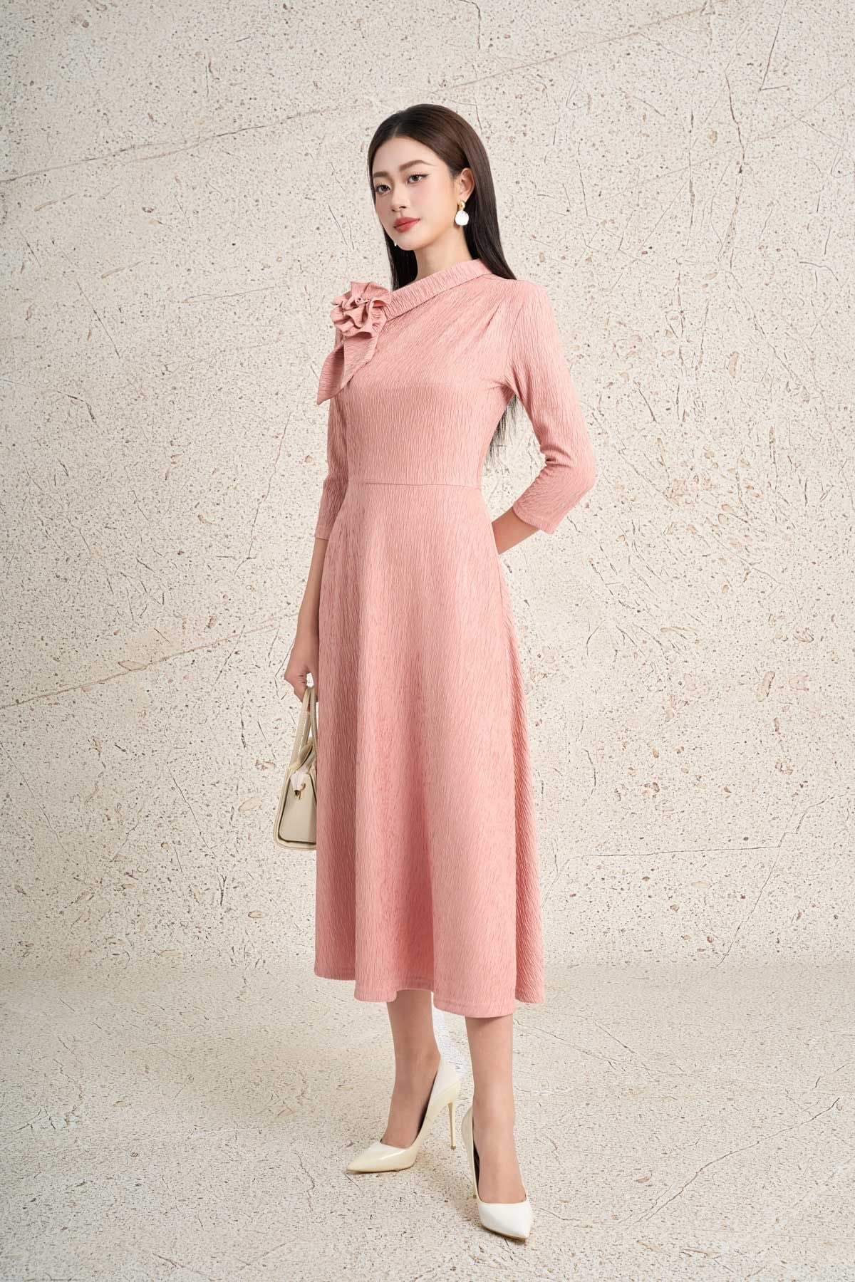 FDC95430 - Đầm công sở dáng ôm cổ lệch phối khoa tạo kiểu thân váy suông A thời trang khoá thân sau - PANTIO